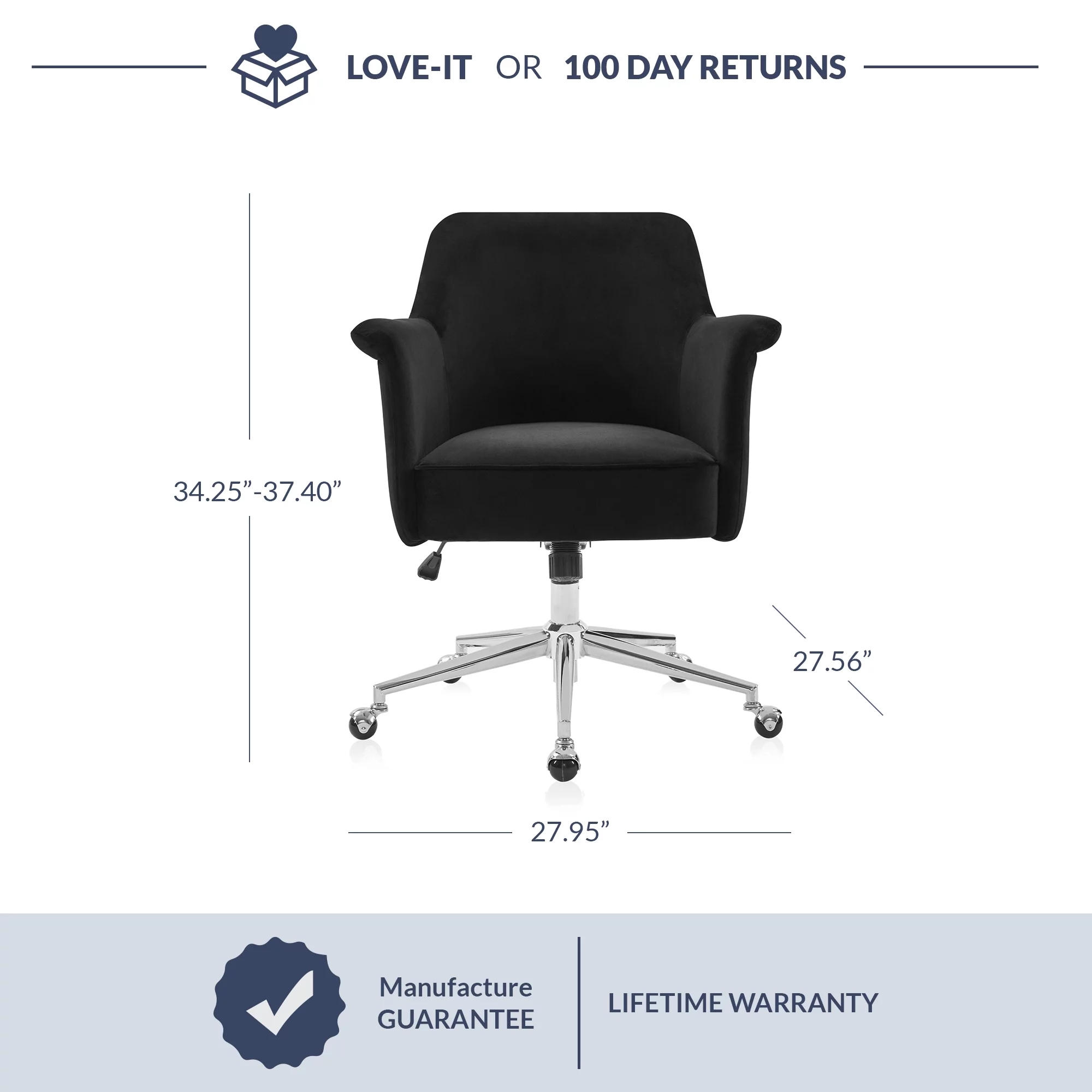 BELLEZE Modern Upholstered Velvet Desk Chair, Rolling Swivel Office Or Vanity Seating, Stylish Comfy Armchair With Easily Adjustable Height - Peyton (Black)