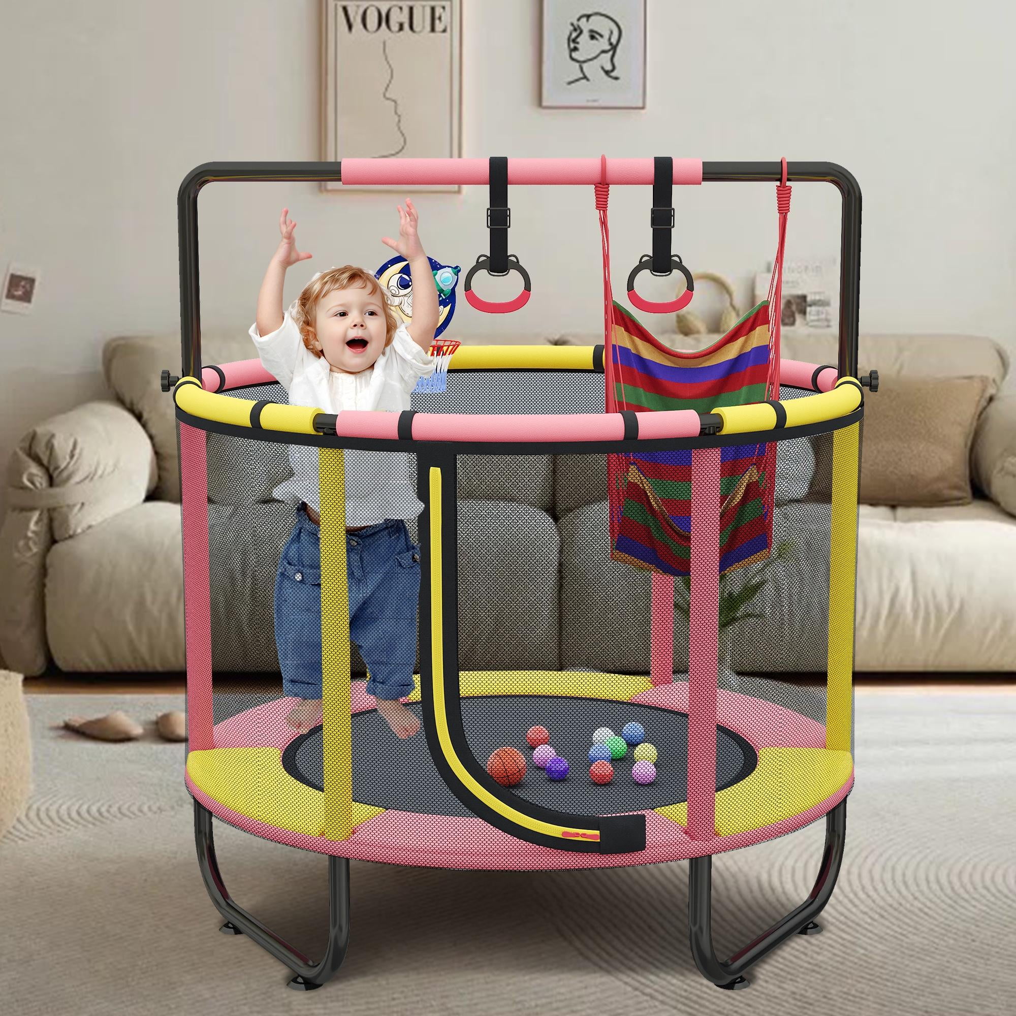 55'' Mini Trampoline for Kids, Small Toddler Trampoline with Enclosure, Indoor Outdoor Trampoline with Basketball Hoop, Adjustable Bar and Rings, Swing and Boxing Bag