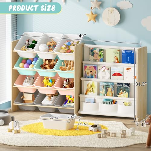 Kids Toy Storage Organizer - Toy Organizer with Bookshelf, 12 Bin and 4 Shelf Storage, Playroom, Nursery, Kids Room Organizer, Burlywood