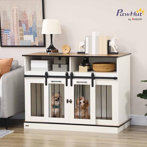 PawHut Dog Crate Furniture for Large Dogs or Double Dog Kennel for Small Dogs with Shelves, Sliding Doors, 47