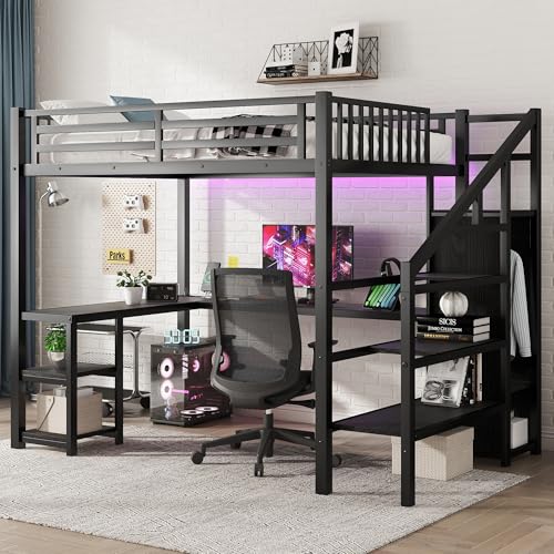 JYH Full Size Metal Loft Bed with L-Shaped Desk and USB Port, Heavy Duty Loft Bed Frame with Wardrobe and Shelf, Full High Bed with LED Lights and Safety Guardrail, Black