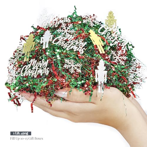 PAPER FAIR 1LB Metallic Red Green Christmas Crinkle Cut Paper Shred Filler w/Tree & Snowflake Confetti, Gift Wrap Packaging Raffia Tissue Strand, Craft Bedding Cushion, Winter Birthday Box Basket