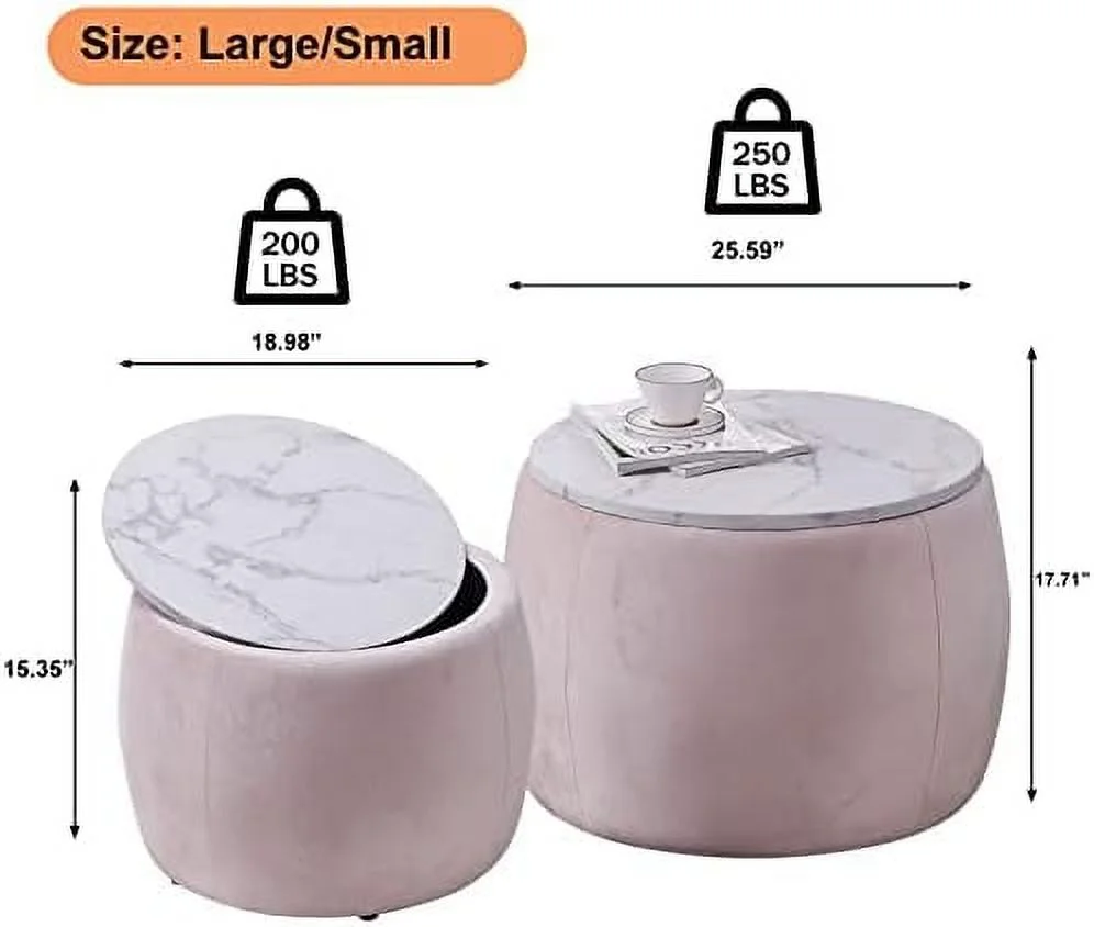 Round  Ottoman Coffee Table Set of 2 with Wooden Lid  Footstool  Side Table End Table for Living Room  Faux Marble Texture Top (Black)