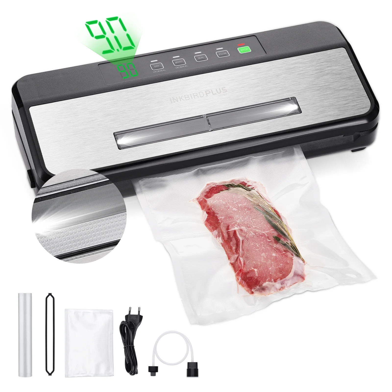 Inkbird Vacuum Sealer Machine INK-VS03, Sealing-Time Countdown&Viewable Window,Built-in Cutter and Roll Storage(Up to 20ft),One-Touch Moist Modes for Seasoned Meat,Starter Kit with Bag*5,Roll*1