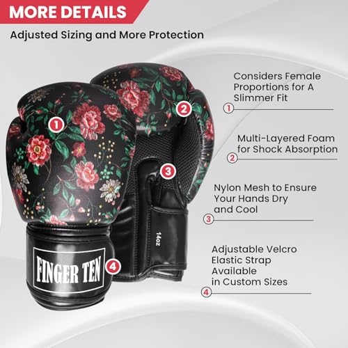 FINGER TEN Boxing Gloves Women Punching Sparring Kickboxing MMA Training Heavy Bag Glove Black Leather 8 10 12 14 16 oz for Womens