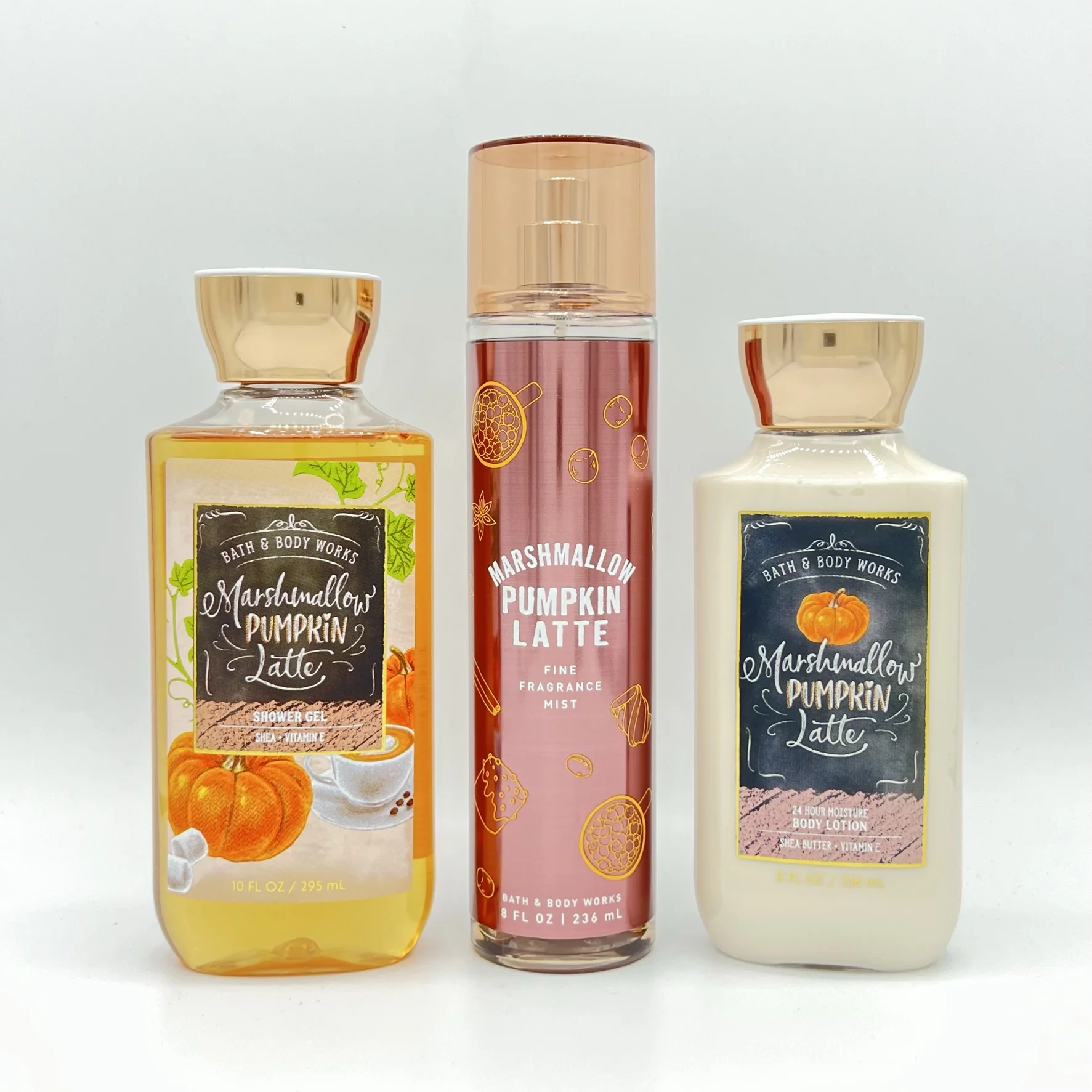 Bath & Body Works Marshmallow Pumpkin Latte 10oz Shower Gel, 8oz Fine Fragrance Mist & 8oz Body Lotion 3-Piece Bundle