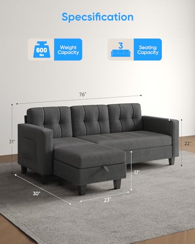 76 Inch L Shaped Sofa, Corduroy Convertible Sectional Couch with Reversible Storage Ottoman, Modern 3 Seat Sectional Sofa for Living Room, Apartment and Small Space