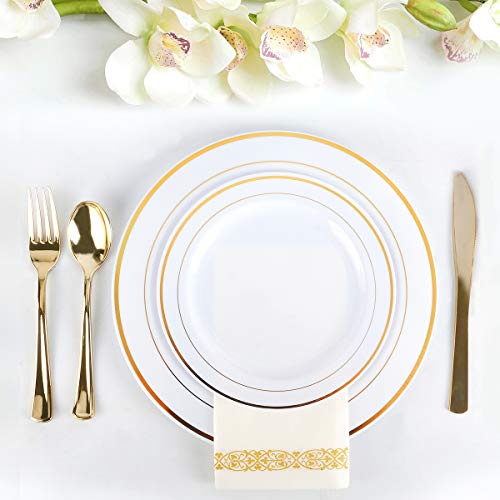 M MCIRCO 175 Piece Gold Dinnerware Set - 50 Gold Rim Plastic Plates - 25 Gold Plastic Silverware - 25 Gold Plastic Cups - 25 Gold Paper Napkins, 25 Guest Disposable Gold Dinnerware Set