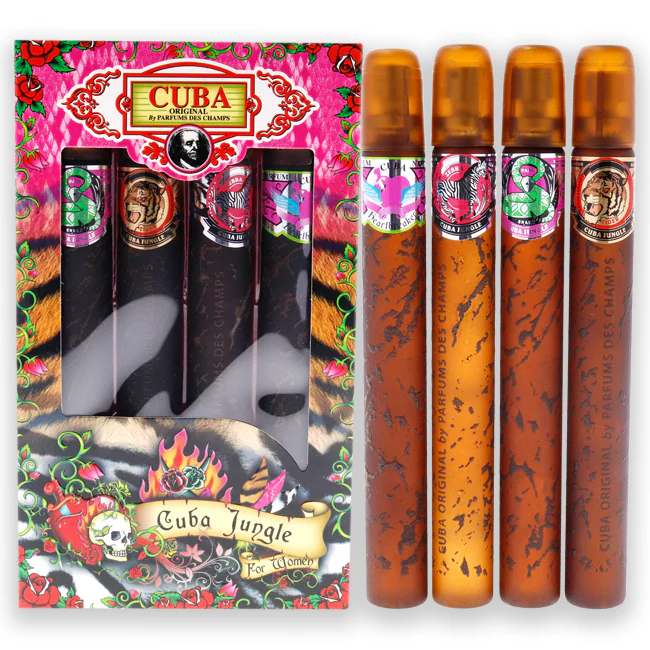 Cuba Jungle by Cuba for Women - 4 Pc Gift Set 1.17oz Cuba Snake EDP Spray, 1.17oz Cuba Tiger EDP Spray, 1.17oz Cuba Zebra EDP Spray, 1.17oz Cuba Heartbreak EDP Spray