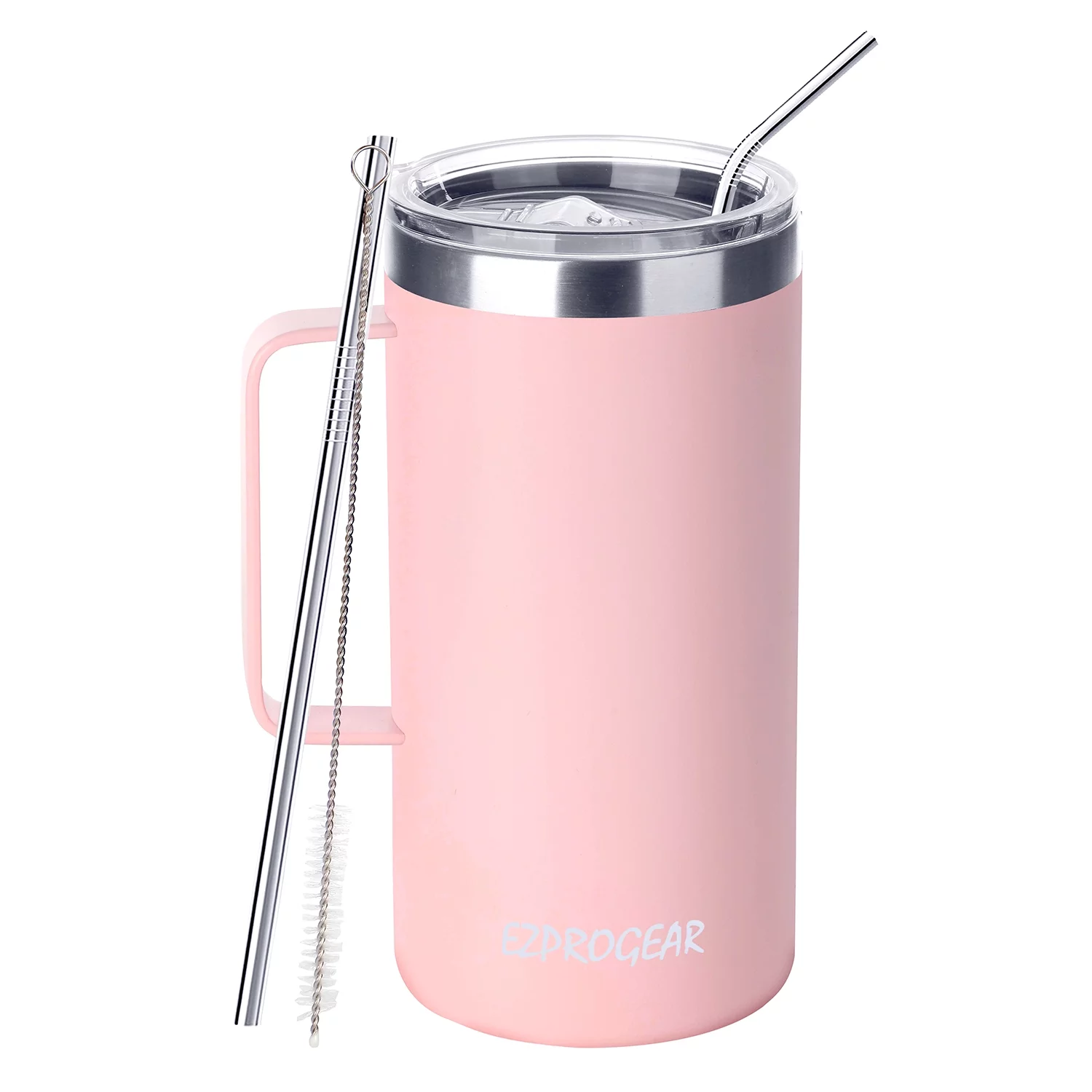 Ezprogear 40 oz Stainless Steel Mug Double Wall Ice Coffee Tumbler Insulated Cup with Handle, Lid & Straws (Matte Carnation)