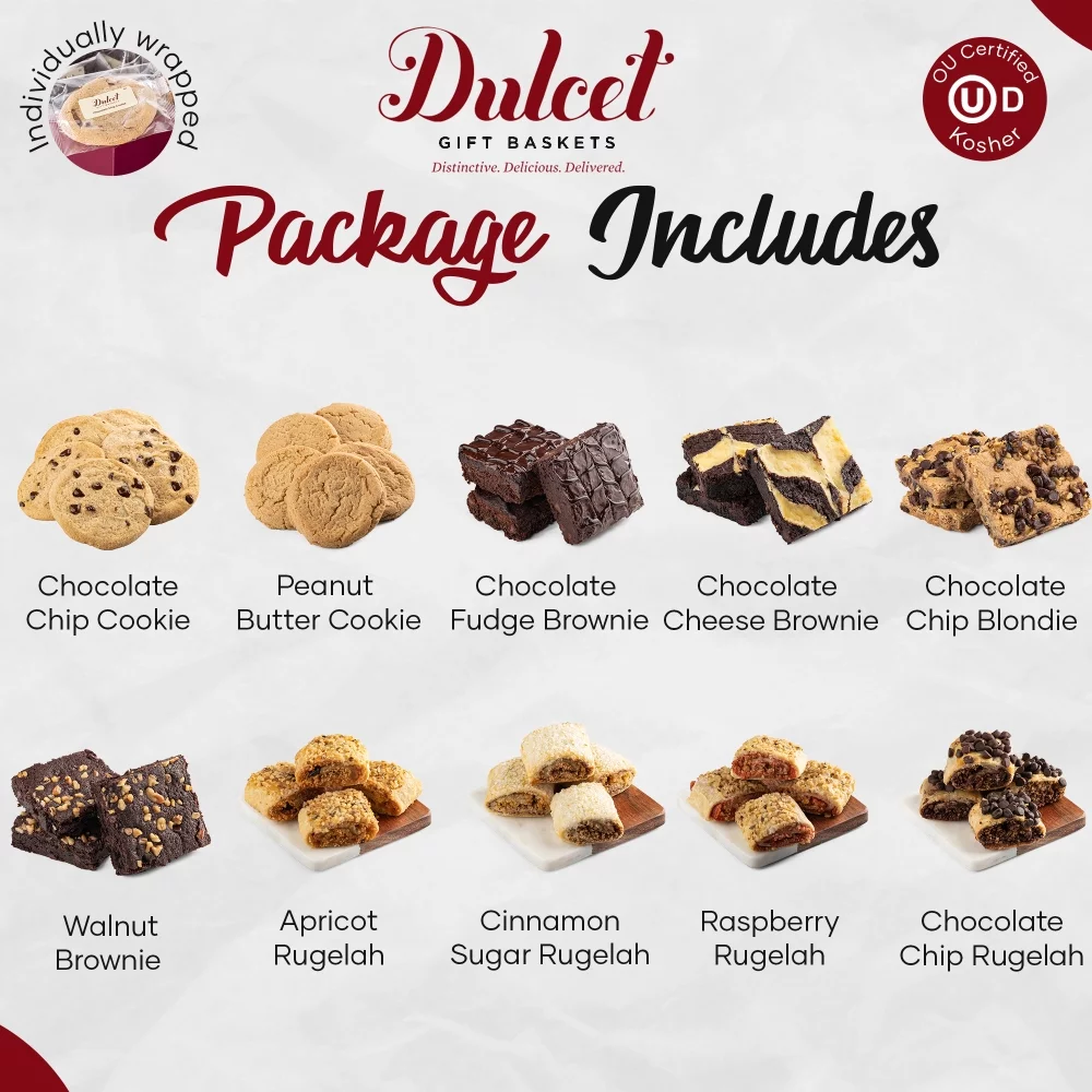 Dulcet's Gift Baskets: Assortment of Soft Bite Chocolate Chip Cookies and Peanut Butter Cookies, Chocolate Fudge, Chocolate Cheese, Chocolate Chip Blondie and Walnut Brownies, Plus Assorted Rugelach