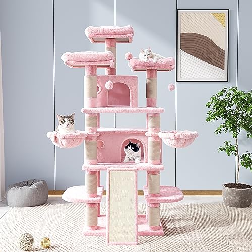 Allewie 68 Inches Cat Tree/House and Towers for Big Feline/Scratching Post/Multi-Level Large Kitty Climbing Tree with Condo/Light Grey