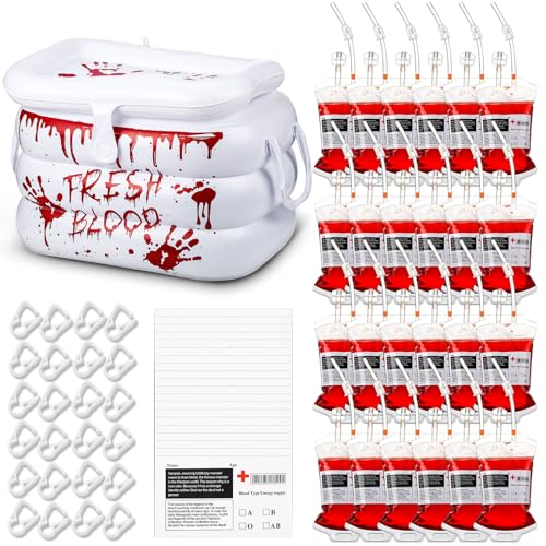 Soulchen Halloween Inflatable Cooler with 24 Blood IV Bags for Drinks, Spooky Hospital-inspired Drink Cooler and Reusable Drink Pouches for Halloween Zombie Vampire Party, Nurse Graduation Decorations