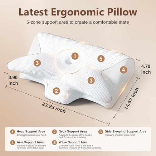 Cervical Neck Pillow Neck Pain Relief, Adjustable Ergonomic Memory Foam Pillow for Neck and Shoulder Pain Relief, Orthopedic Contour Support Pillows for Side Sleepers, Back & Stomach Sleepers