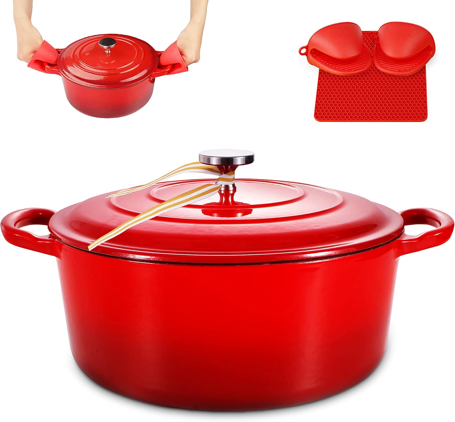 4.5 Quart Enamel Cast Iron Dutch Oven with Loop Handles, Covered Dutch Oven, Enamel Stockpot with Lid, Red