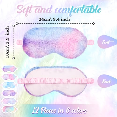 Cuffbow 12 Pcs Plush Sleeping Eye Masks Bulk Comfortable Sleep Eye Cover Mask for Kids Women Men Soft Furry Blindfold Faux Fur Shade for Travel Nap Sleepover Party Supplies(Rainbow)