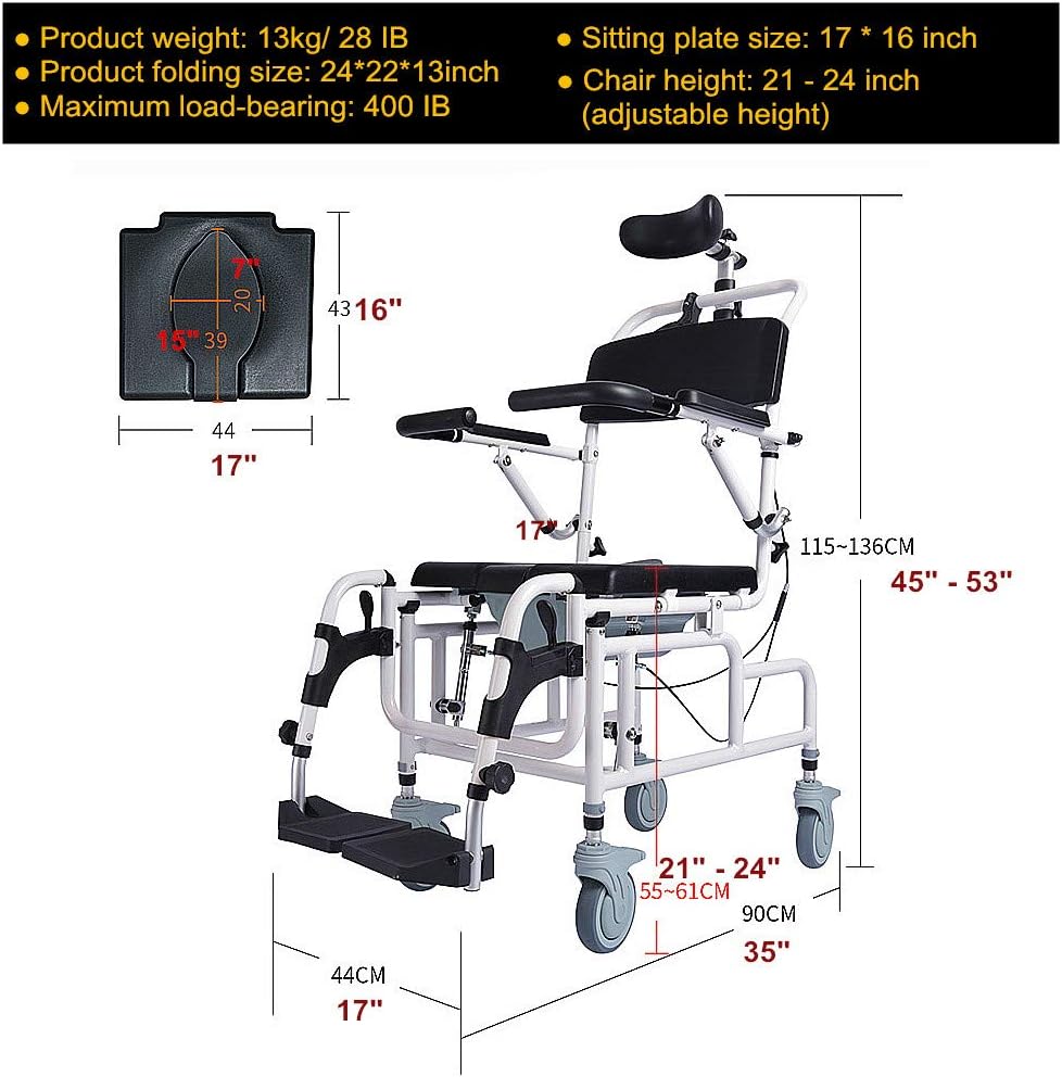 Nurth Tilt-in-Space Reclining Shower/Toilet Commode Chair, with Padded Seat, Back, Armrests. Care 4-in-1 Multifunction Chair, Flip-up Arm and Foot Rests, Commode Pail and Adjustable Headrest