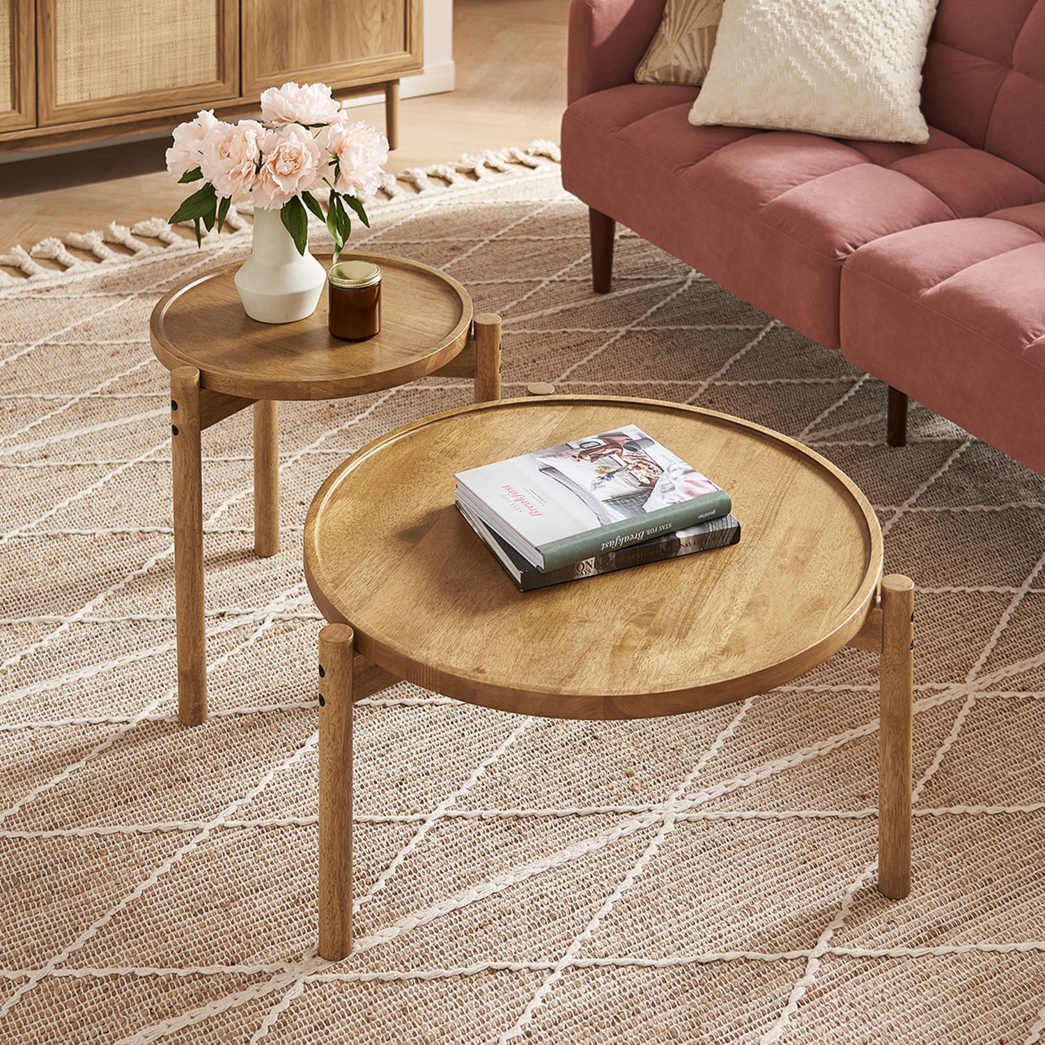 Mopio Dylan Round Modern Boho Nesting Coffee Table, Golden Brown Solid Wood