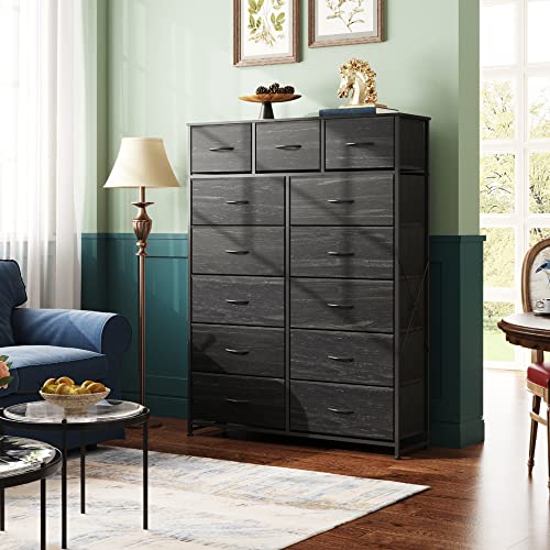 WLIVE Tall Dressers for Bedroom with 13 Drawers, Storage Dresser Organizer Unit, Fabric Dresser for Bedroom, Closet, Chest of Drawers, Steel Frame, Wood Top, Rustic Brown Wood Grain Print