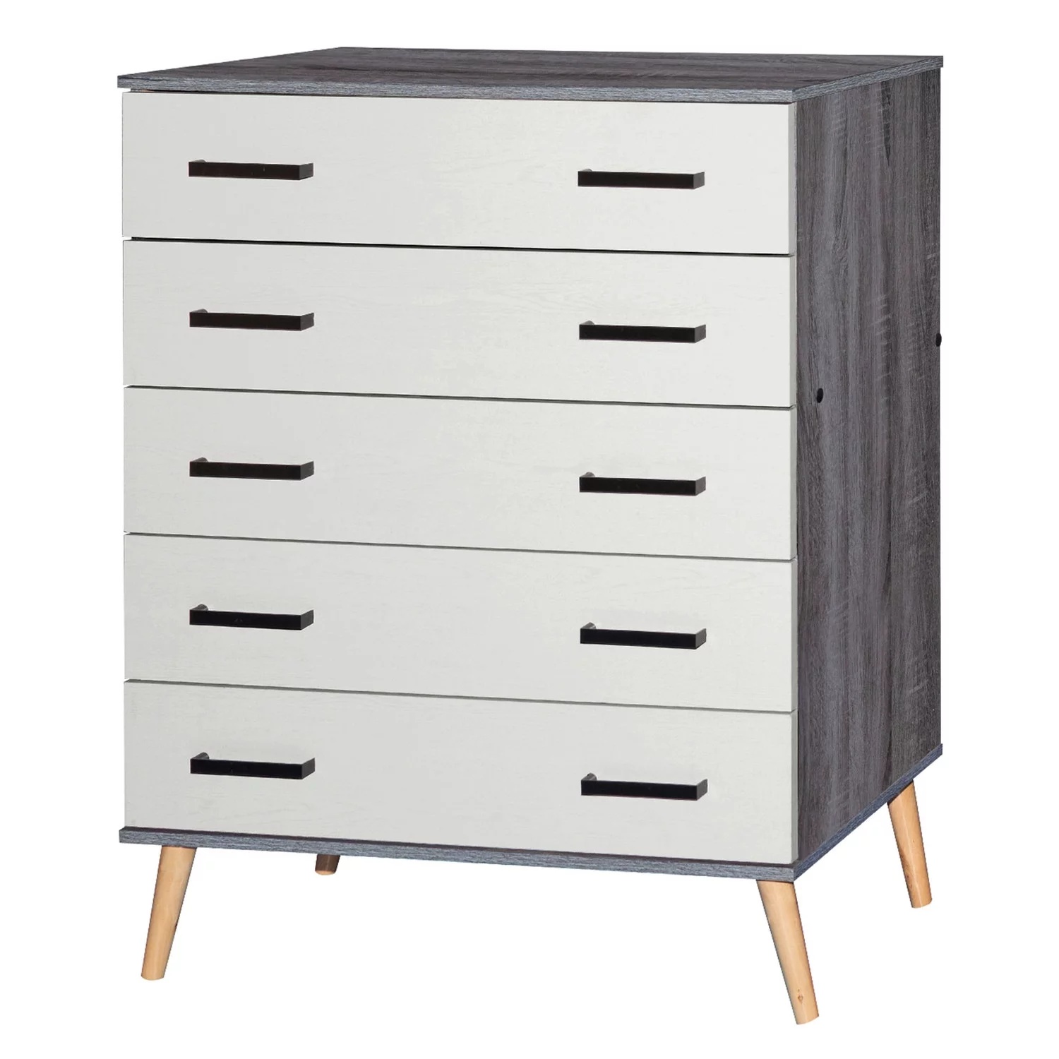Better Home Products Chest Five Drawer with Pine Legs in Gray and Silver Oak Finish.