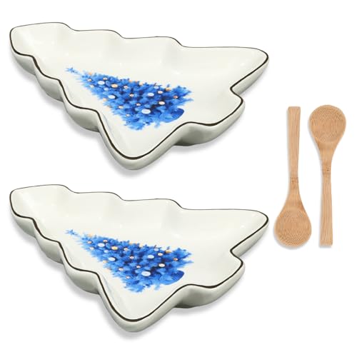 2 Pcs Christmas Dinner Platter Ceramic Serving Dishes with Wooden Spoon Serving Platters Bowl for Cookies Candy Dessert Salad Ice Cream Festive Holiday Gift for Xmas Home Table Party Supplies