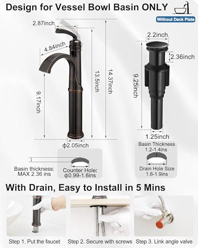 Vessel Sink Faucet, Oil Rubbed Bronze Waterfall Bathroom Sink Faucets, Brass Tall Bathroom Faucet Vanity Faucet 1 Hole Restroom Faucet Single Handle with Pop-up Drain Supply Hose