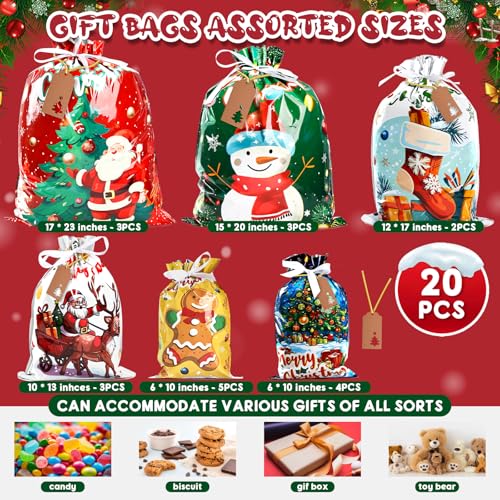 AURUZA 20PCS Christmas Drawstring Gift Bags - Assorted Sizes from Small to Jumbo, with Colorful Designs & Tags, Ideal for Holiday Wrapping & Decorations Party Favors