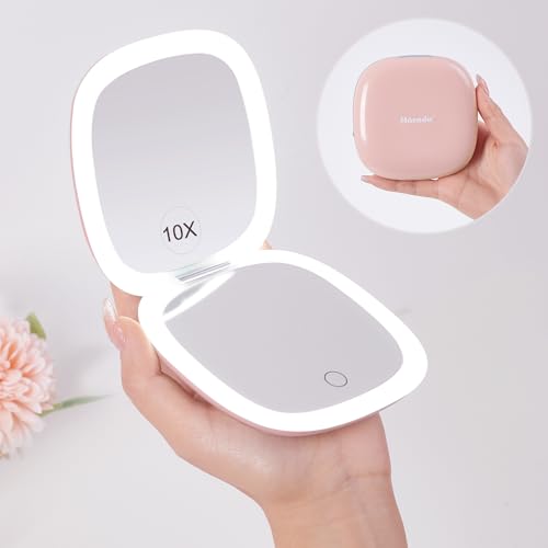 Compact LED Magnifying Travel Makeup-Mirror - 4 inches 1X/10X Magnification Small Hand Pocket Dimmable Double Sided USB Rechargeable Touch Screen, Portable Tabletop Cosmetic (White)