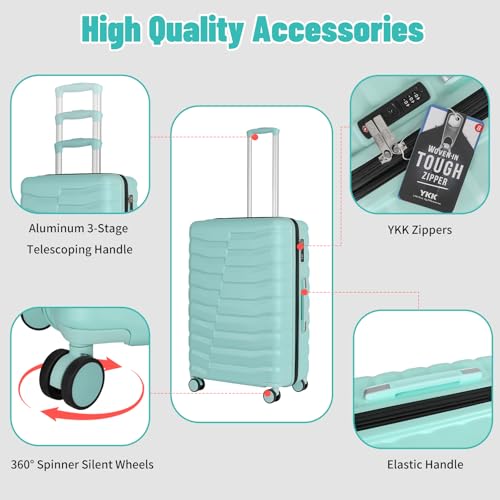 Lightweight Luggage with Spinner Wheels & YKK Zipper, 3-Piece Travel Suitcase ABS+PC Hardshell Luggage Set with TSA Lock, Light Avocado Green (20+24+28 inch)