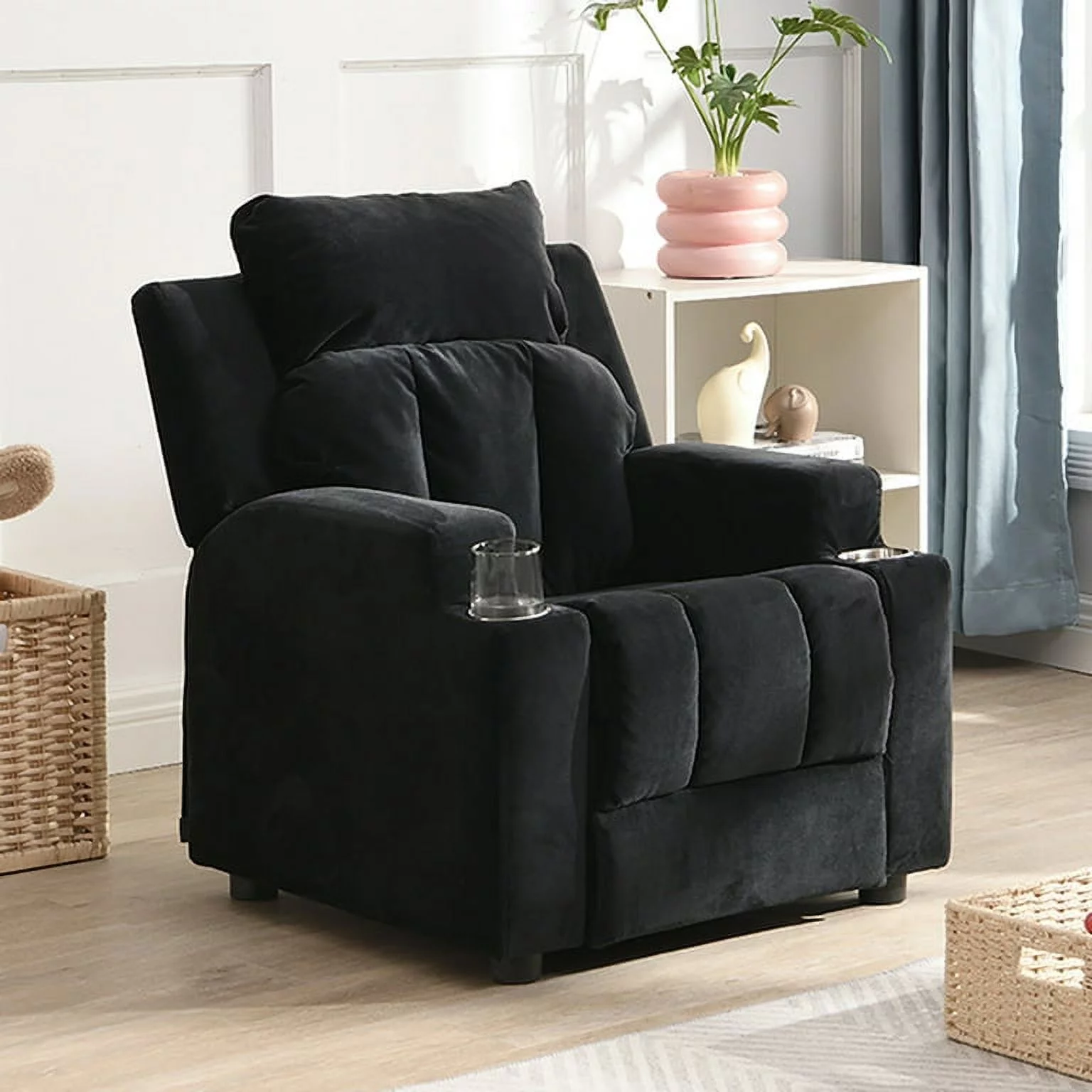 Kids Recliner Chair Upholstered Couch with Two Cup Holder, Footrest, Backrest, Toddlers Velvet Recliner with Headrest and Footrest