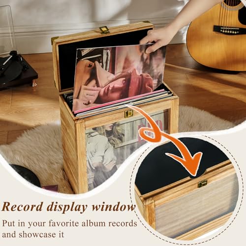 Vinyl Record Storage Case, Vintage Wood LP Album Record Box Display Organizer Fits Standard Records - 7/10 Inch, Vinyl Record Carrying Case Hold 40 Records - Carbonized Brown
