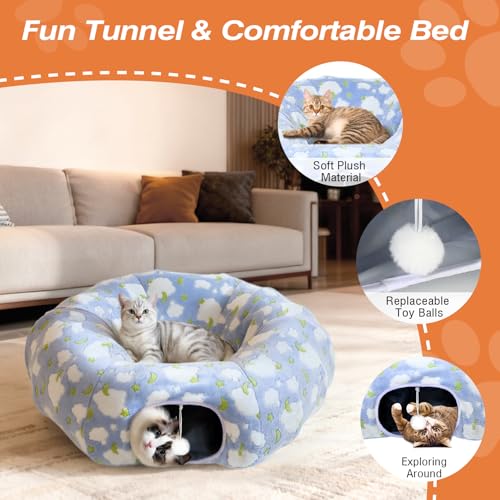 Christmas Cat Tunnel, Cat Tunnel with 2 Interactive Balls, Decorative Candy Cane Christmas Cat Toys with Bow, Super Soft Portable Kitten Toys for Cat Kitty Small Animals, Red + White
