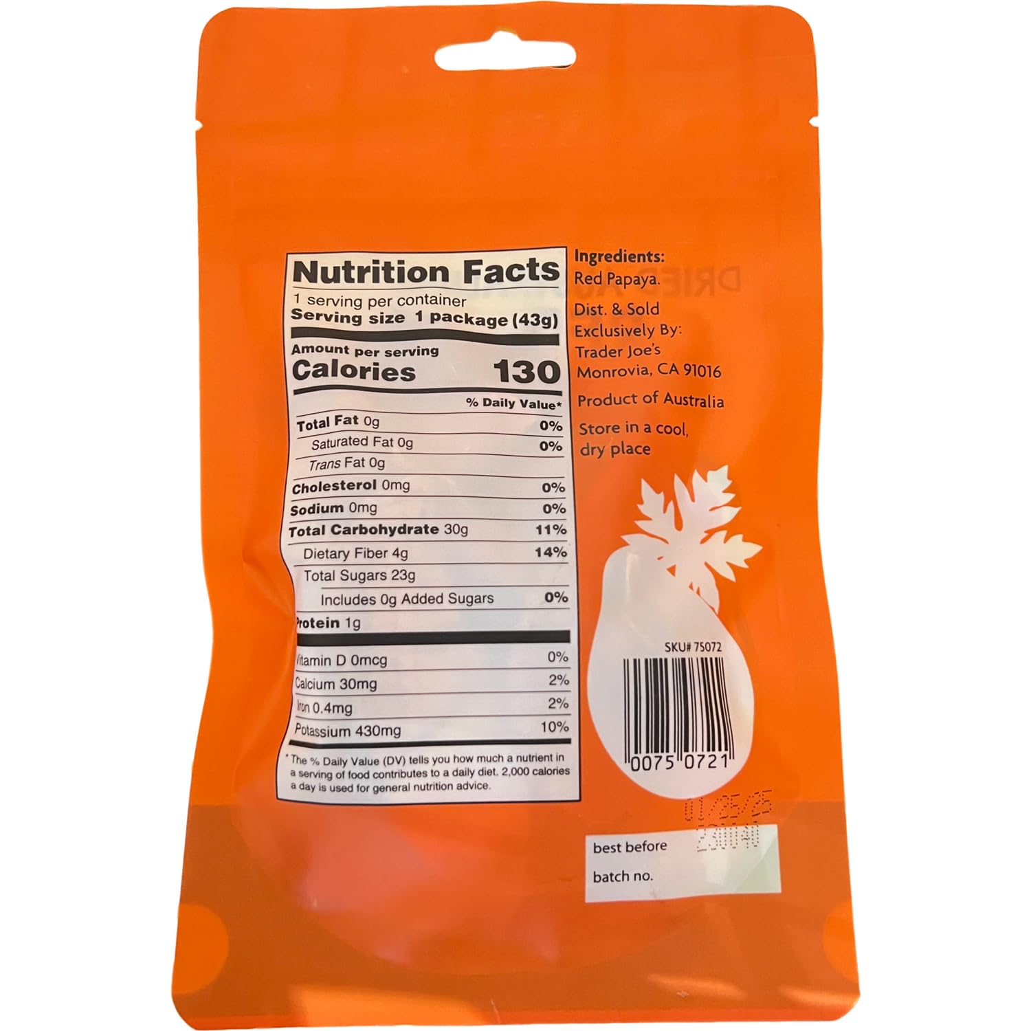 Generic Trader Joe's Dried Australian Red Papaya Unsweetened & Unsulfured, 1.5 oz (Pack of 1), Regular