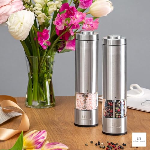 Electric Salt and Pepper Grinder Set - Battery Operated Stainless Steel Mill with Light (2 Black Mills) - Automatic One Handed Operation - Electronic Adjustable Shakers - Ceramic Grinders
