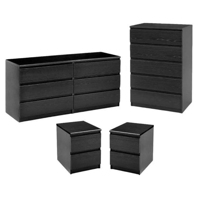 4 Piece Set with 6 Drawer Dresser 5 Drawer Chest and Two Nightstands in Black Woodgrain