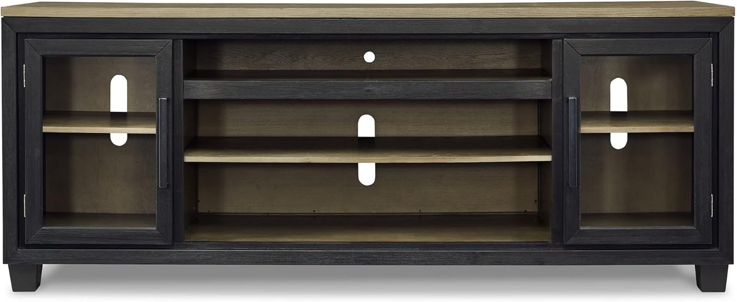 Benjara 83 Inch TV Entertainment Media Console, 2 Door, Wood, Glass, Black and Brown