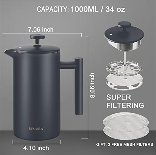 Secura French Press Coffee Maker, 304 Grade Stainless Steel Insulated Coffee Press with 2 Extra Screens, 34oz (1 Litre), Silver