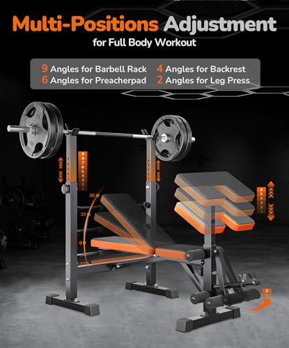 Multi-Function 6 in 1 Weight Bench Set - Leg Press, Preacher Curl Rack, Adjustable Workout Bench & Squat Rack for Full Body Exercise, Fitness Strength Training for Home Gym