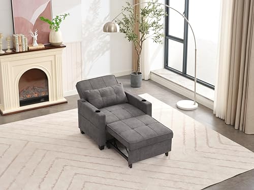 INMOZATA Convertible Sofa Bed Chair with Cup Holder, USB Port, 3-in-1 Sofa Chair Bed with Adjustable Backrest, Cat-Scratch Leather Sleeper Chair, Futon Chair Bed for Living Room, Bedroom, Blue