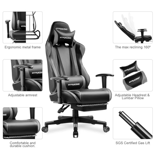 GTRACING Gaming Chair with Footrest, Ergonomic Computer Game Desk Chair, Reclining Game Chair Seat Height Adjustment, Swivel Rocker with Headrest and Lumbar (Blue)