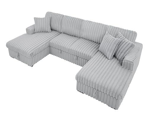 roomfitters U Shaped Sleeper Sofa, 122 Inch Oversized - 2 in 1 Pull Out Bed, Sectional Sleeper Sofa with Double Storage Chaise for Living Room, Rabbit Plush Corduroy Fabric Couch, Grey