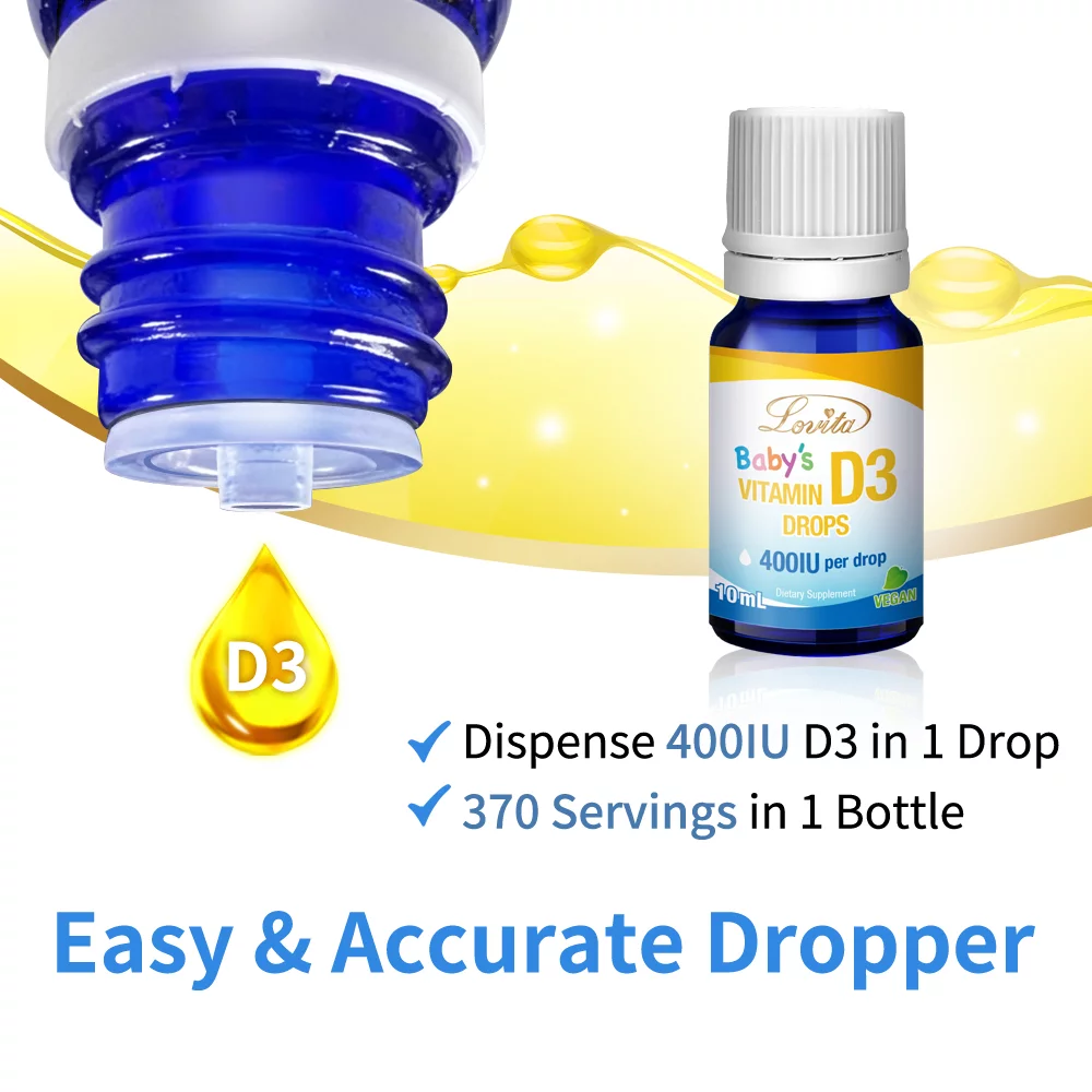 Lovita Vitamin D3 Drops for Baby -Easy to Drop Liquid Vitamin D3 400IU to Help Calcium Absorption, Support Healthy Teeth, Bone & Brain Development, Vegan Vitamin Ddrops (0.34 Oz) 10 ml (Pack of 2)