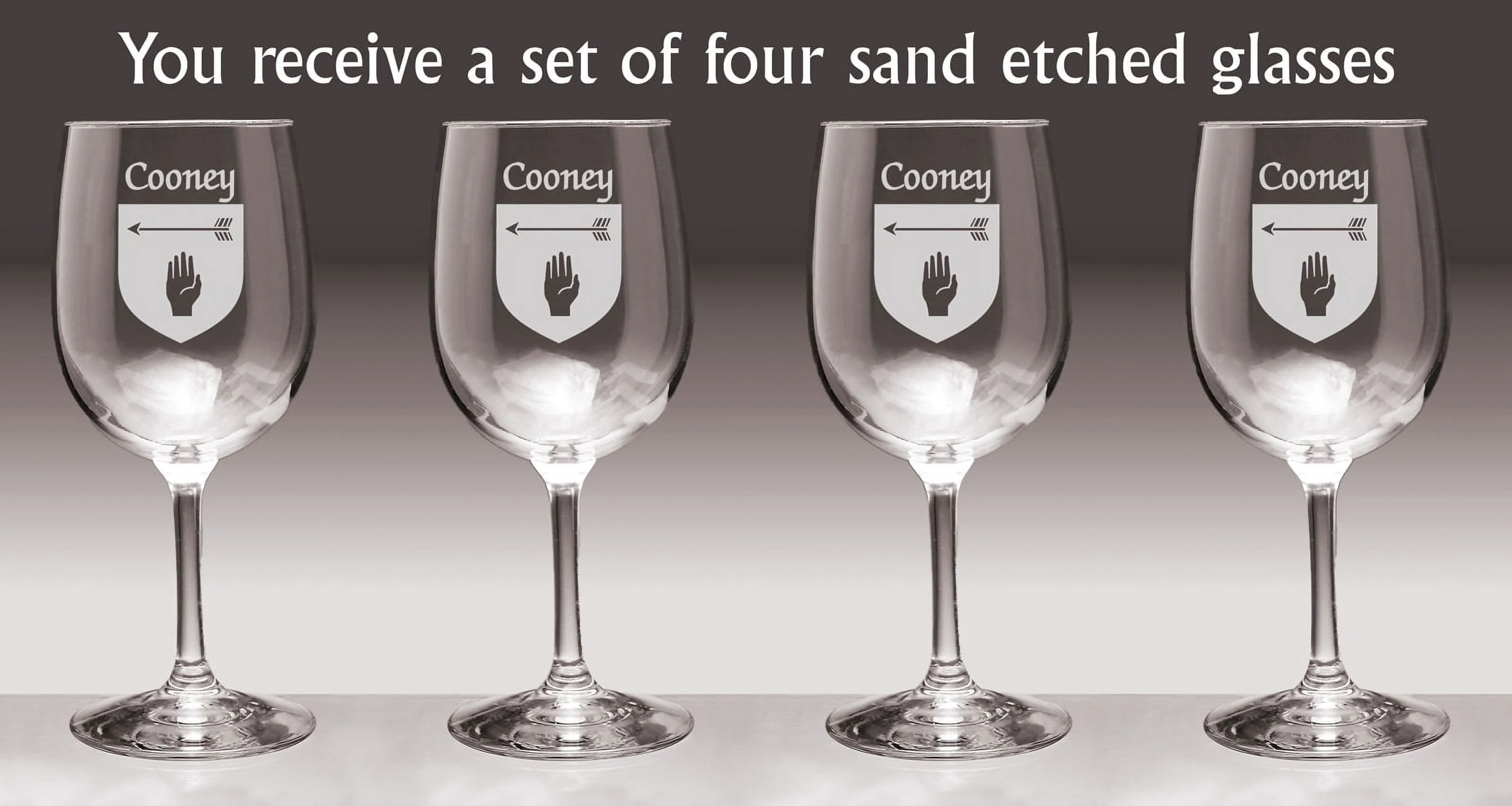 Cooney Irish Coat of Arms Wine Glasses - Set of 4 (Sand Etched)