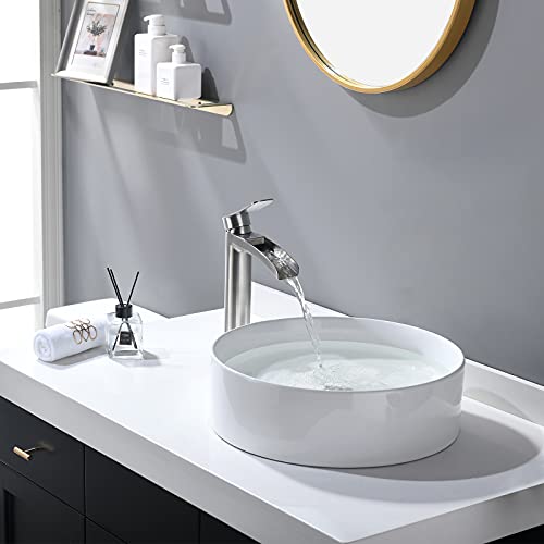 Phiestina Brushed Gold Tall Bathroom Vessel Sink Faucet, Single Hole Single Handle Waterfall Modern Bathroom Faucet, with Pop Up Drain and Water Supply Line, NS-SF01-BG-V