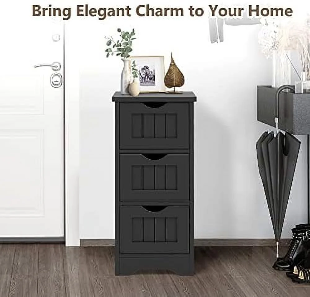 HJZBNONE Bathroom  Cabinet  Space-Saving Slim  Cabinet with 3 Drawers  Freestanding Wooden Narrow Floor Cabinet for Living Room Bathroom Bedroom Entryway (Black)