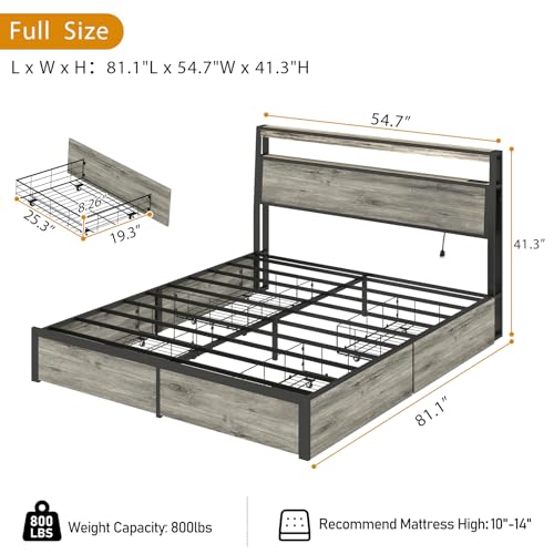 SADENICEL Queen Bed Frame with Storage Headboard and 4 Drawers, Metal Platform Bed Frame with LED Light, Charging Station, No Box Spring Needed, Noise Free, Easy Assembly, Vintage Brown
