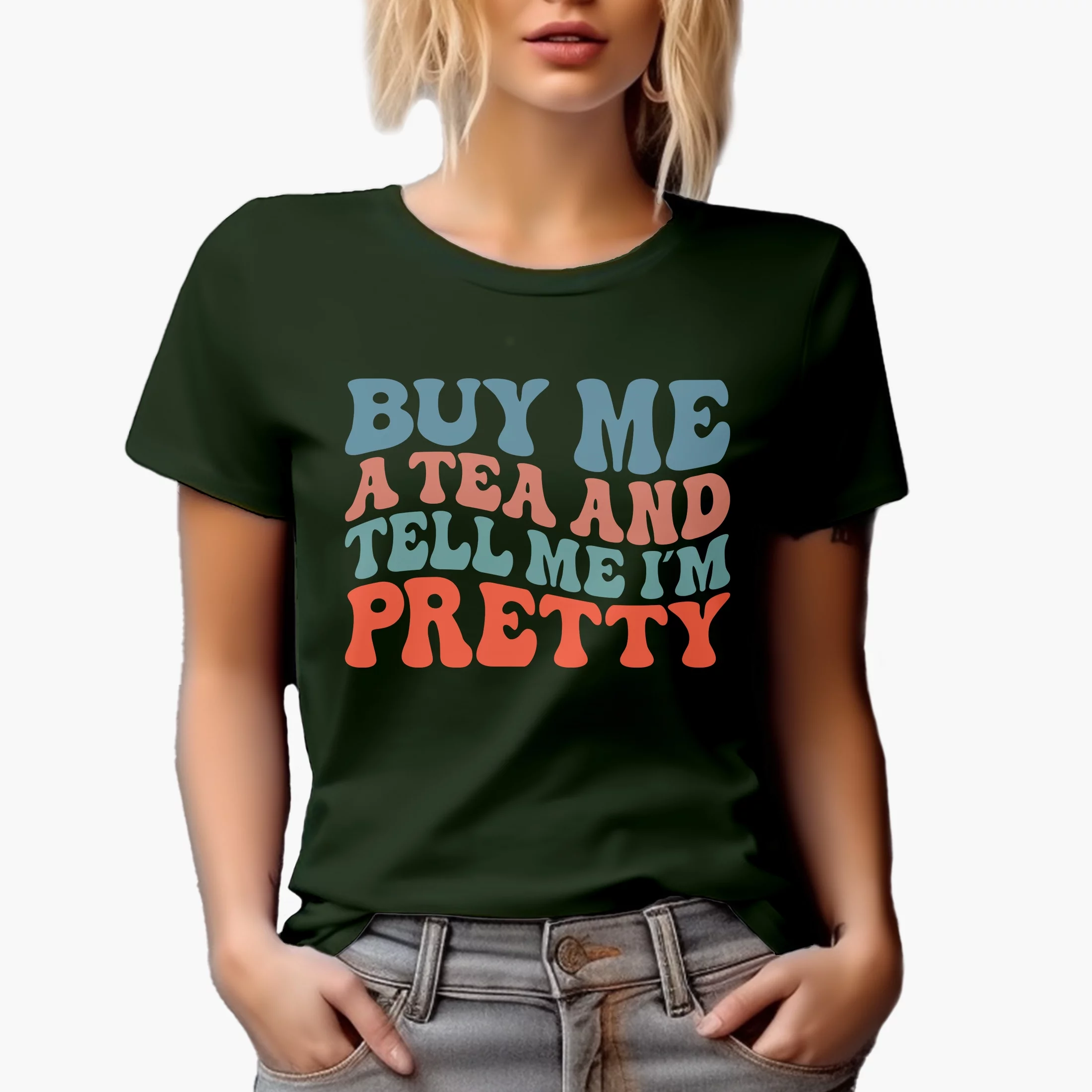 Buy Me a Tea and Tell Me I'm Pretty, Funny Tea Lover or Drinker Quote, Groovy Retro Wavy Text Merch Gift, Military Green T-Shirt, Small
