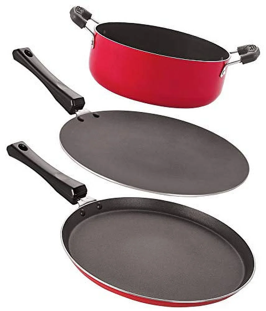 Nirlon Non-Stick Odor Free 3 Piece Gas Compatible Cookware Combo Set With Bakelite Handle, Red And Black Color