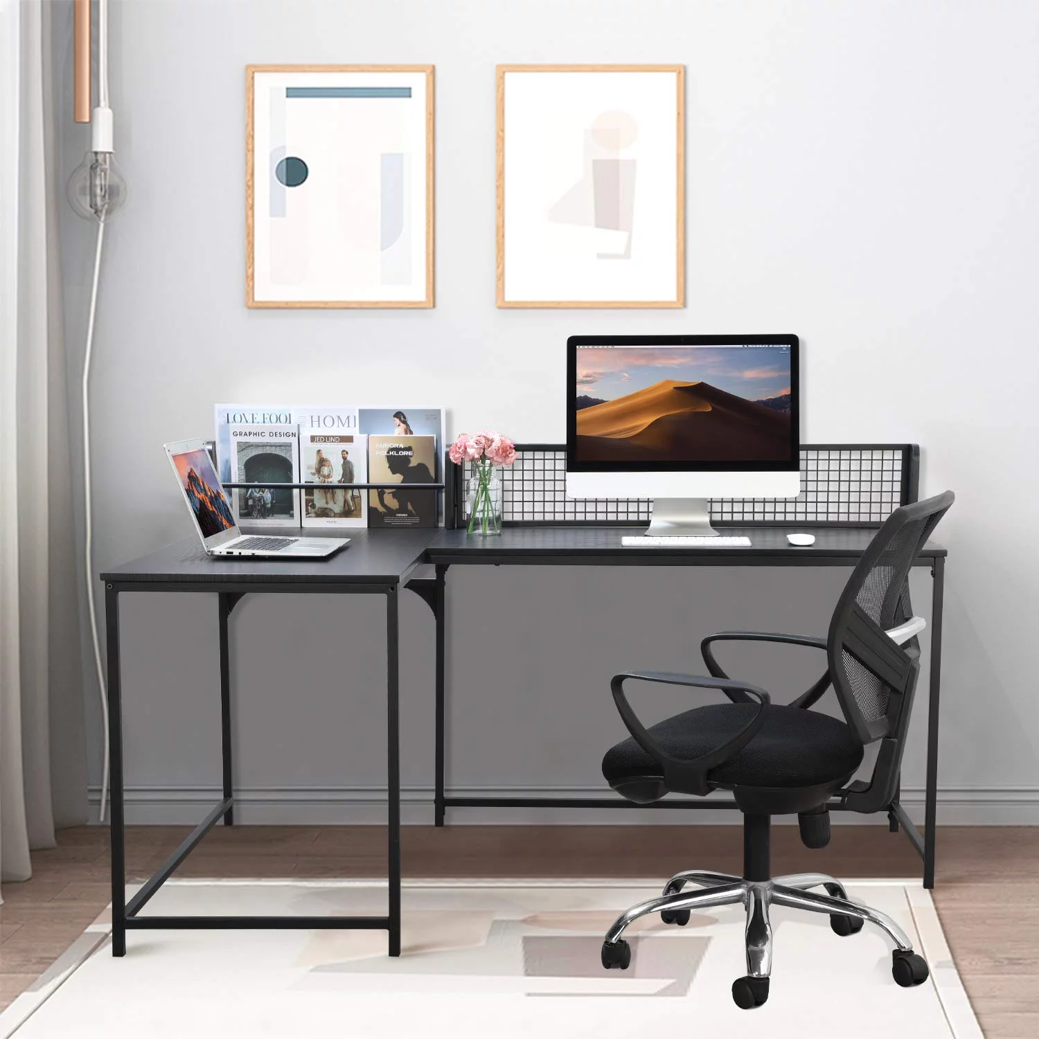 Homy Casa L Shaped Corner Desk Home Office Industrial Style Large Desktop Computer Gaming Desk, Black PC Workstations 65* 43.3 * 29.5-37.4IN