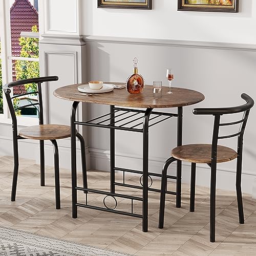 JUMMICO 3-Piece Wooden Round Table & Chair Set, Space Saving Kitchen Breakfast Nook Wood Grain Tabletop with Metal Frame and Built-in Wine Rack for Kitchen, Dining Room (Walnut/Black)